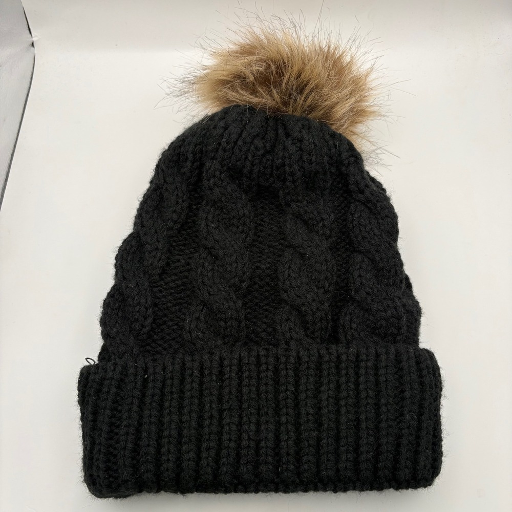 Black Cable Knit Pom Beanie Faux Fur Winter Hat Women Cozy Warm Sherpa‎ Lined